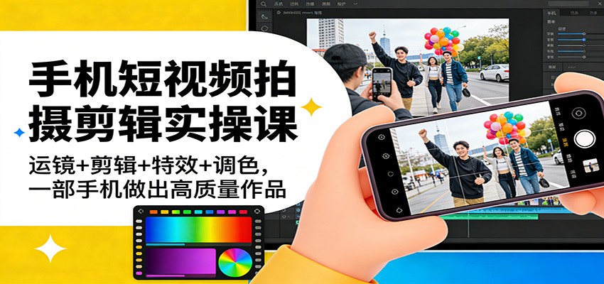 手机短视频拍摄剪辑实操课：运镜+剪辑+特效+调色，一部手机做出高质量作品-白蛇网赚-余宽网创