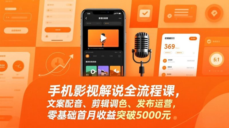 手机影视解说全流程课，文案配音、剪辑调色、发布运营，零基础首月收益突破5000元-白蛇网赚-余宽网创