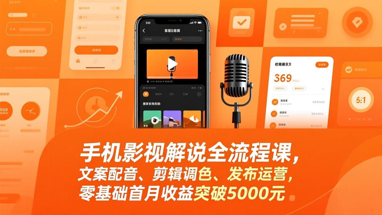 手机影视解说全流程课，文案配音、剪辑调色、发布运营，零基础首月收益突破5000元-白蛇网赚-余宽网创
