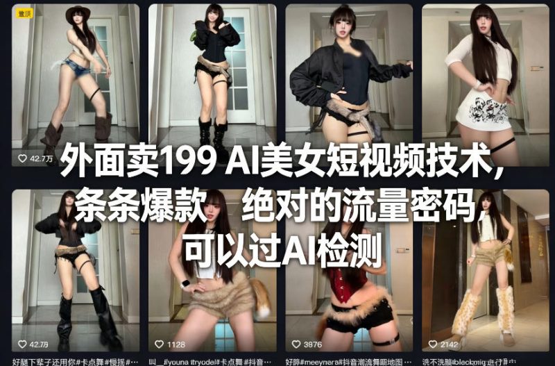 外面卖199 AI美女短视频技术，条条爆款，绝对的流量密码，可以过AI检测-白蛇网赚-余宽网创
