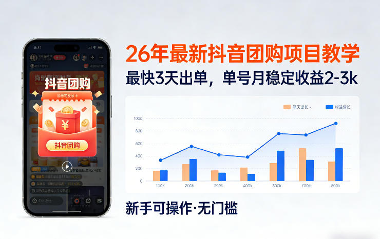 26年最新抖音团购项目教学，0门槛，最快3天出单，单号月稳定收益2-3k(更新3月11日)-余宽网创