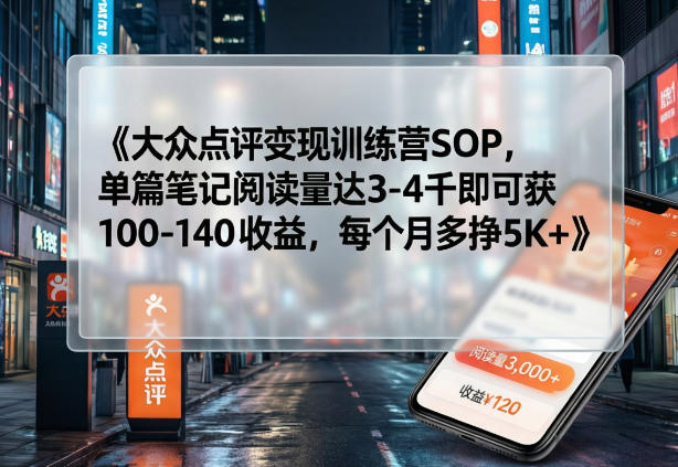 大众点评变现训练营SOP，单篇笔记阅读量达3-4千即可获100-140收益，每个月多挣5K+-佐思资源网下载-专注于互联网平台分享平台