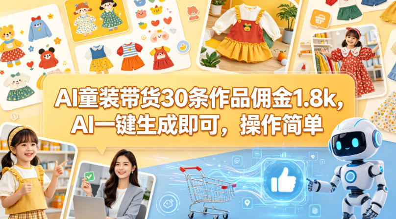 AI童装带货30条作品佣金1.8k，AI一键生成即可，操作简单-余宽网创