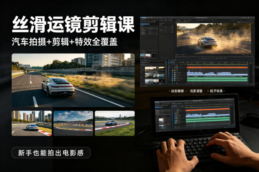 大叔丝滑运镜剪辑课，汽车拍摄+剪辑+特效全覆盖，新手也能拍出电影感-余宽网创