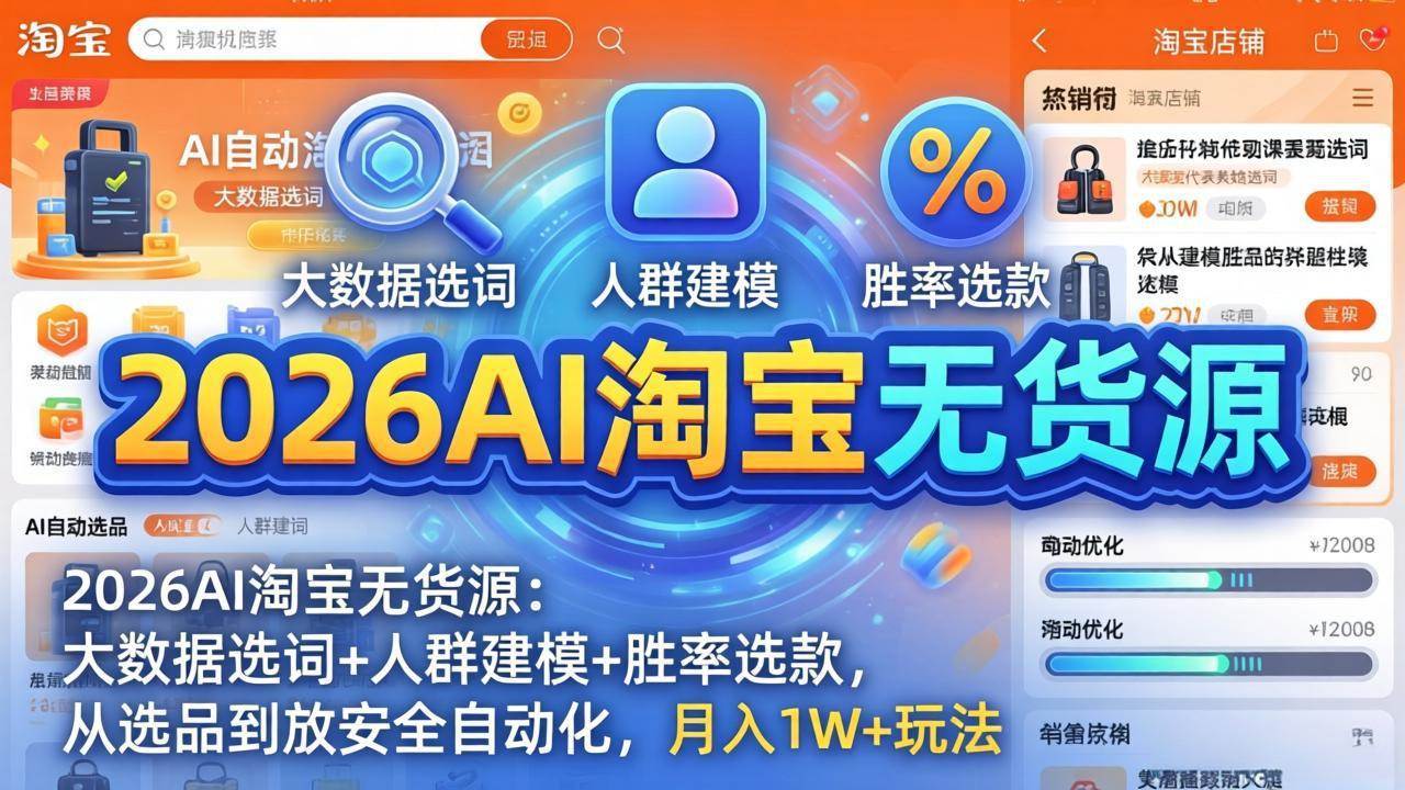 （18046期）2026AI淘宝无货源-4月更新：大数据选词+人群建模+胜率选款，从选品到放大全自动化，月入1W+玩法-余宽网创