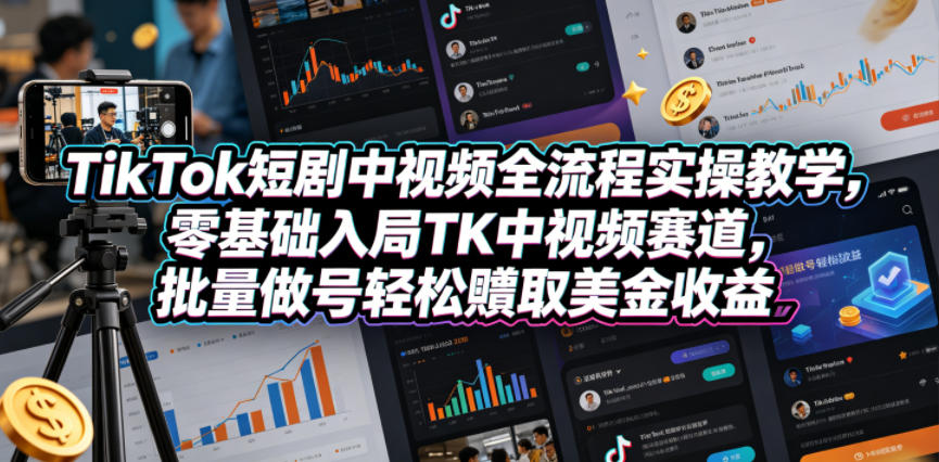 TikTok短剧中视频全流程实操教学,零基础入局TK中视频赛道,批量做号轻松賺取美金收益-余宽网创