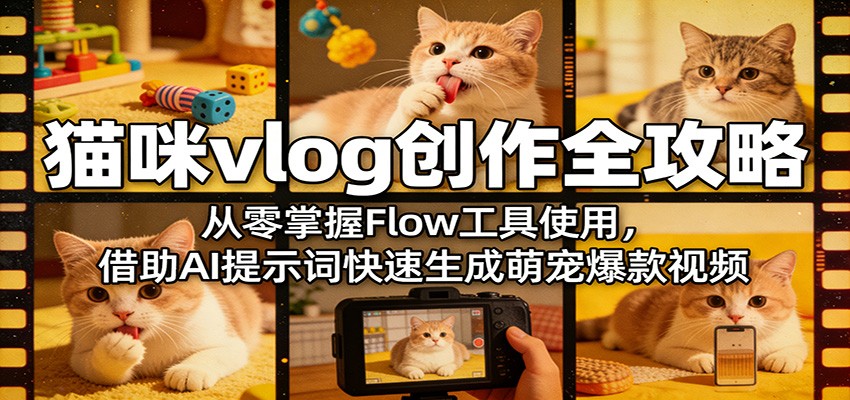 猫咪vlog创作全攻略：从零掌握Flow工具使用，借助AI提示词快速生成萌宠爆款视频-余宽网创