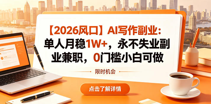 【2026风口】AI写作副业：单人月稳1W+，永不失业副业兼职，0门槛小白可做【揭秘】-余宽网创