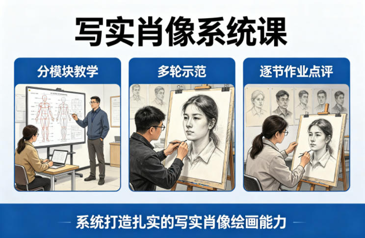 写实肖像系统课，全程分模块教学+多轮示范+逐节作业点评，系统打造扎实的写实肖像绘画能力-余宽网创