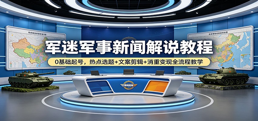 军迷军事新闻解说教程：0基础起号，热点选题+文案剪辑+消重变现全流程教学-余宽网创