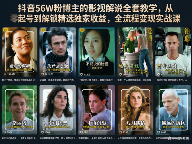 抖音56W粉博主的影视解说全套教学，从零起号到解锁精选独家收益，全流程变现实战课-余宽网创