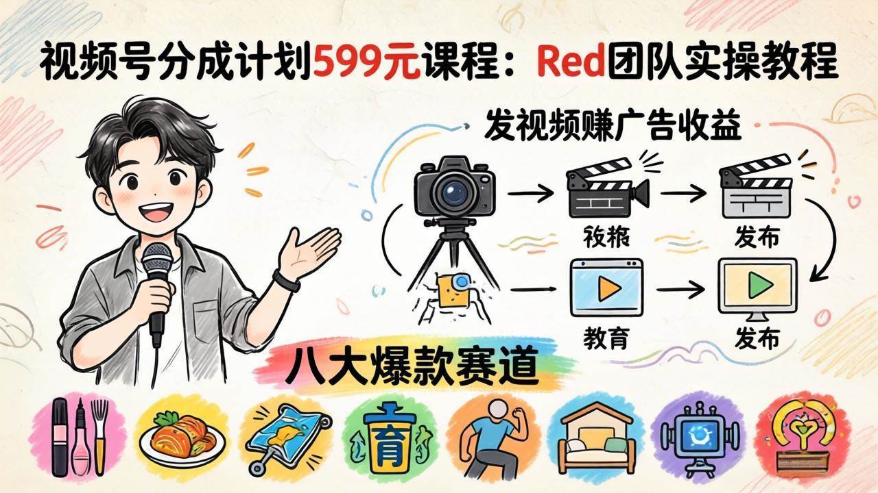 （18088期）视频号分成计划599元课程：Red团队实操教程，发视频赚广告收益，八大爆款赛道全掌握-余宽网创