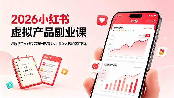 (18449期)2026小红书虚拟产品副业课,AI原创产品+笔记流量+投流放大,普通人也能稳定变现-余宽网创
