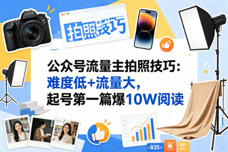 公众号流量主之拍照技巧赛道，难度低+流量大，起号第一篇就爆了10w阅读-余宽网创