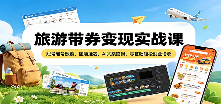 旅游带券变现实战课：账号起号涨粉，团购挂载，AI文案剪辑，零基础轻松副业增收-余宽网创