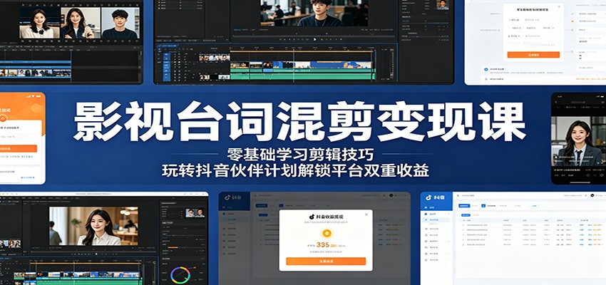 影视台词混剪变现课:零基础学习剪辑技巧,玩转抖音伙伴计划解锁平台双重收益-余宽网创
