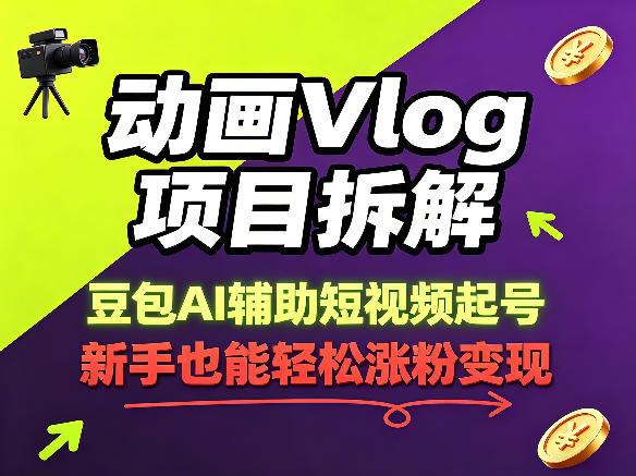 动画Vlog项目拆解,豆包AI辅助短视频起号,新手也能轻松涨粉,43条作品涨粉8.3W-余宽网创