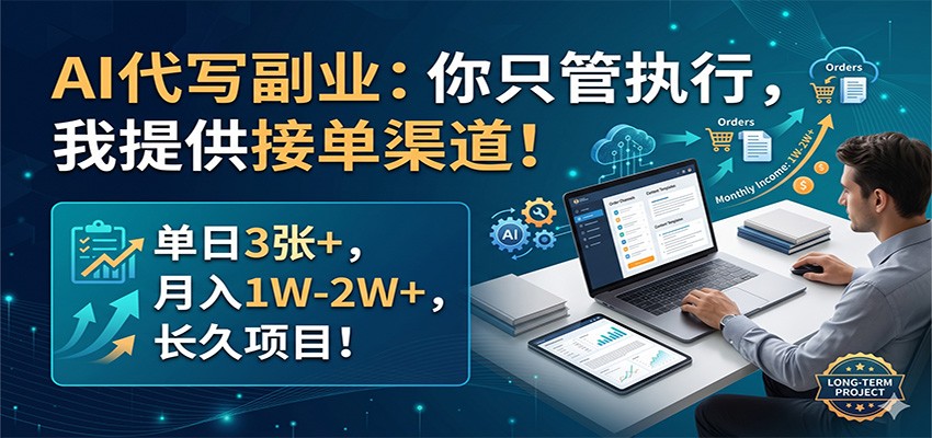 AI代写副业：你只管执行，我提供接单渠道！单日3张+，月入1W-2W+，长久项目-余宽网创