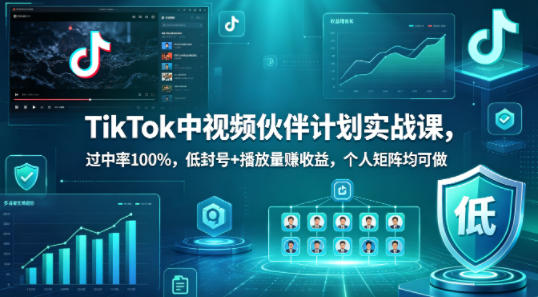 TikTok中视频伙伴计划实战课，过中率100%，低封号+播放量賺收益，个人矩阵均可做-余宽网创