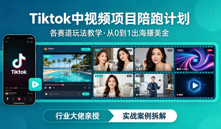 某大佬的Tiktok中视频项目陪跑，涵盖TK各个赛道玩法教学，从0到1出海賺美金-余宽网创