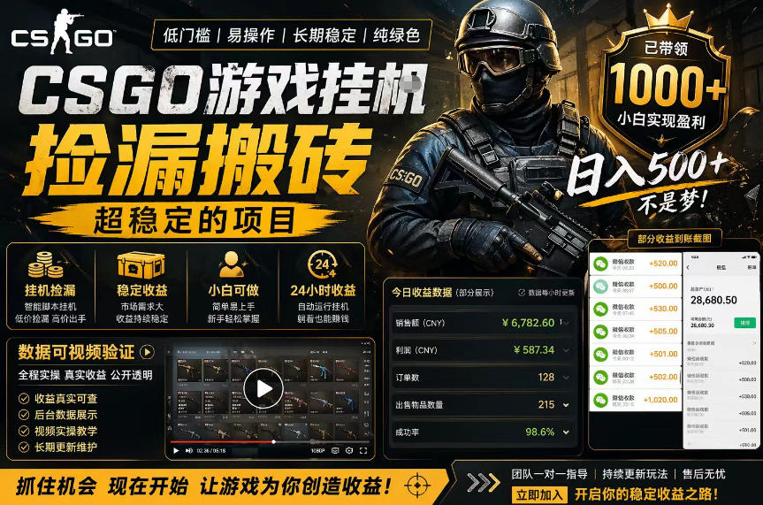 CSGO游戏搬砖，全自动挂G，不需要玩游戏，手机操作日入300+，解放双手【揭秘】-余宽网创