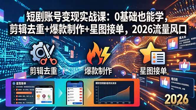 （18160期）短剧账号变现实战课：0基础也能学，剪辑去重+爆款制作+星图接单，2026流量风口-余宽网创