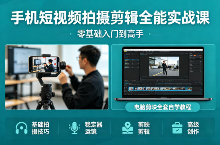 手机短视频拍摄剪辑全能实战课：零基础入门到高手，稳定器运镜+电脑剪映全套自学教程-余宽网创