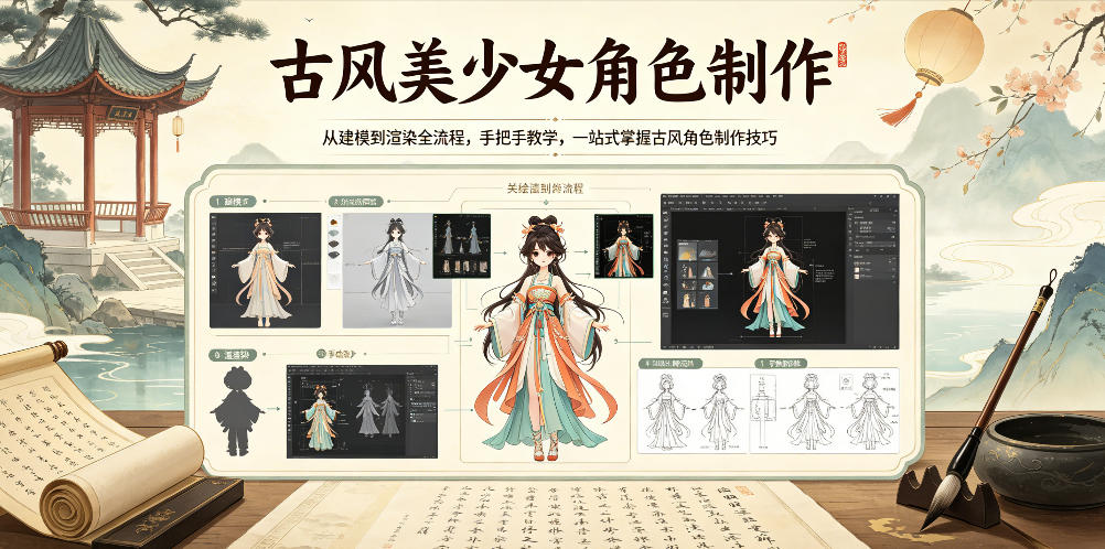 古风美少女角色制作,从建模到渲染全流程,手把手教学,一站式掌握古风角色制作技巧-余宽网创