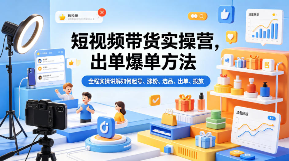 短视频带货实操营，出单爆单方法，全程实操讲解如何起号、涨粉、选品、出单、投放（更新0515）-余宽网创