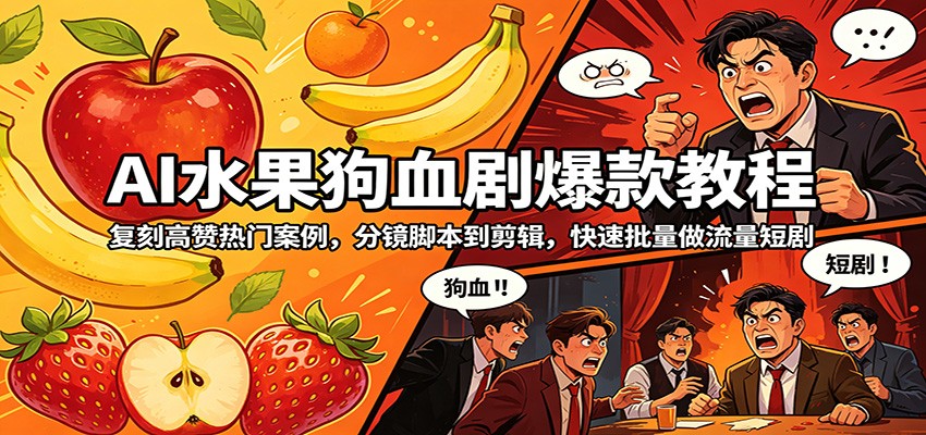 AI水果狗血剧爆款教程：复刻高赞热门案例，分镜脚本到剪辑，快速批量做流量短剧-余宽网创